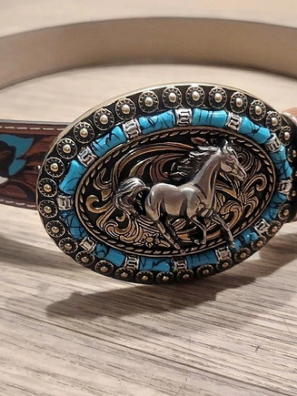 American Darling Hand-Tooled Feather Western Leather Belt Brown & Blue